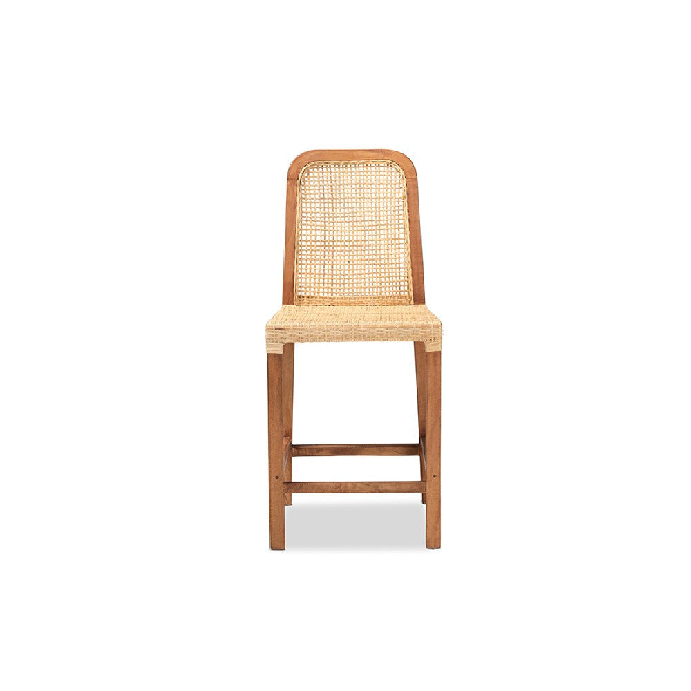 bali & pari Caspia Mid-Century Modern Walnut Brown Mahogany Wood and Natural Rattan Counter Stool WHI-Caspia-Teak-CS