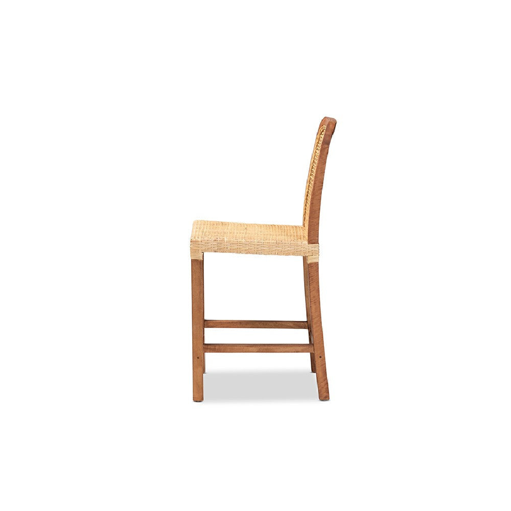 bali & pari Caspia Mid-Century Modern Walnut Brown Mahogany Wood and Natural Rattan Counter Stool WHI-Caspia-Teak-CS