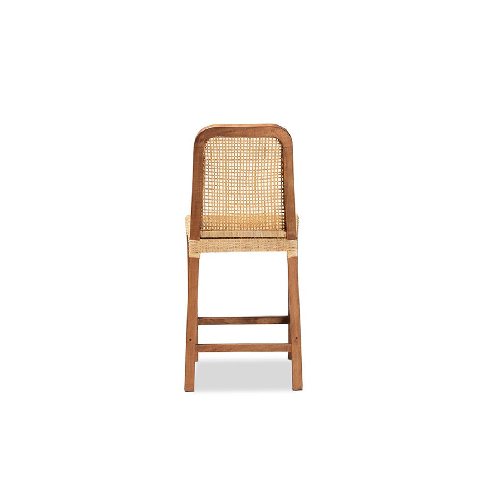 bali & pari Caspia Mid-Century Modern Walnut Brown Mahogany Wood and Natural Rattan Counter Stool WHI-Caspia-Teak-CS