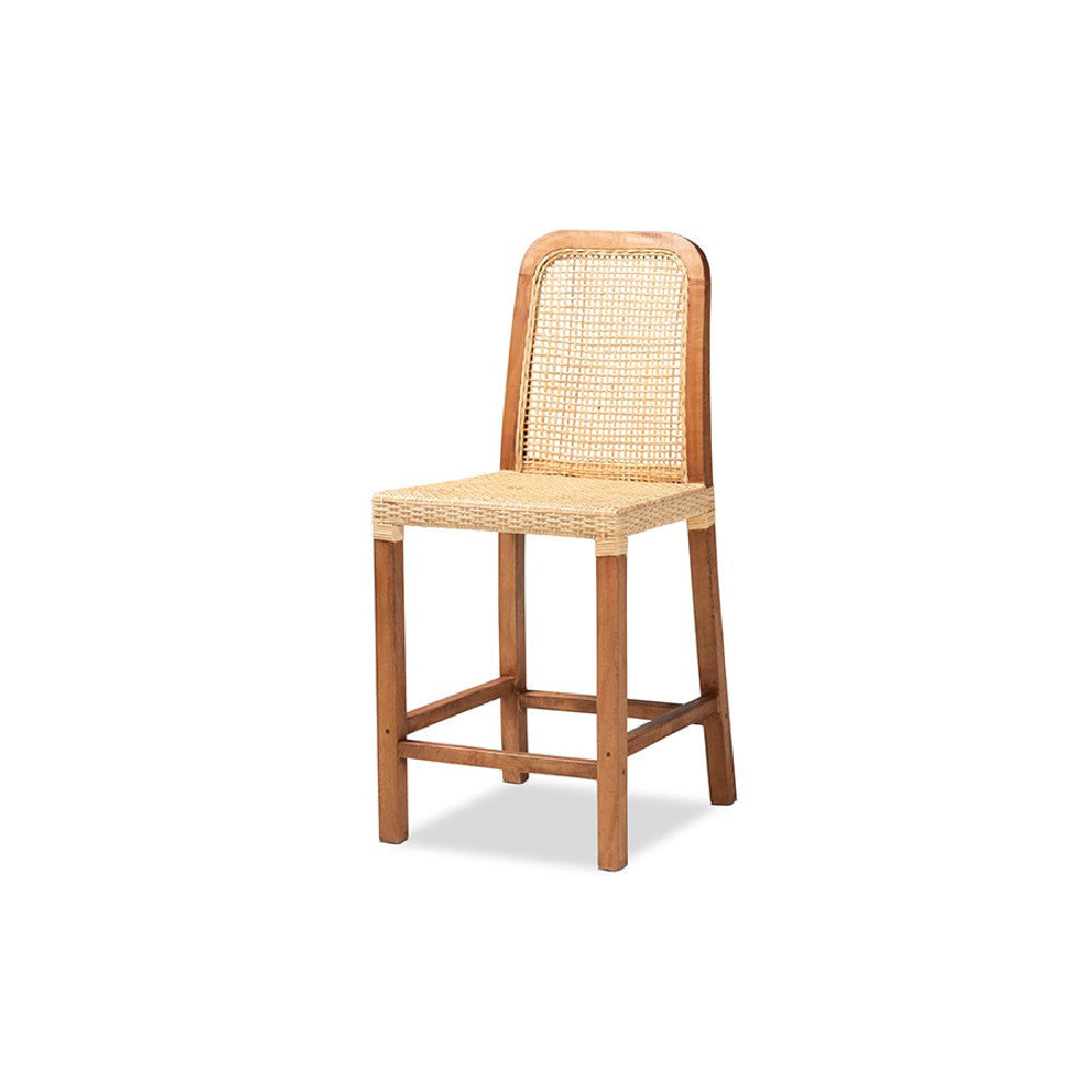 bali & pari Caspia Mid-Century Modern Walnut Brown Mahogany Wood and Natural Rattan Counter Stool WHI-Caspia-Teak-CS