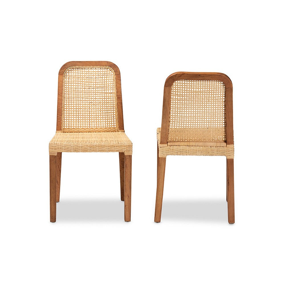 bali & pari Caspia Mid-Century Modern Walnut Brown Mahogany Wood and Natural Rattan 2-Piece Dining Chair Set WHI-Caspia-Teak-DC