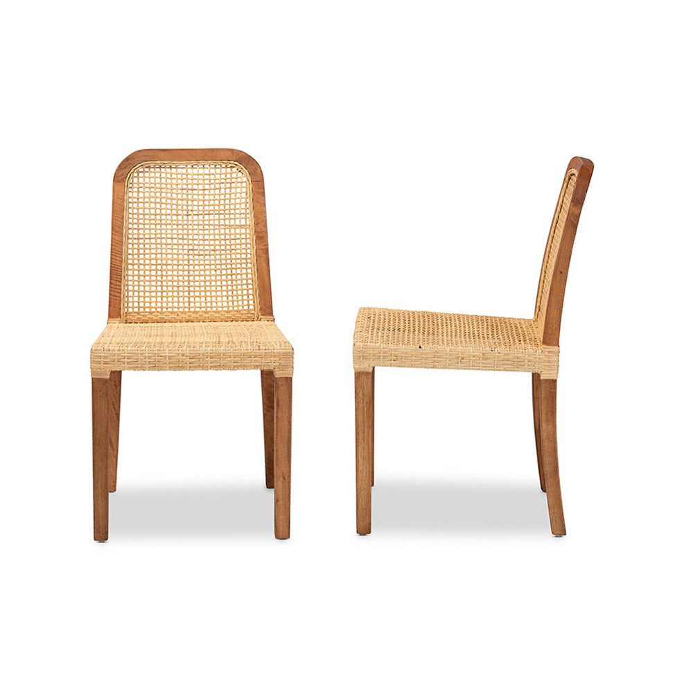 bali & pari Caspia Mid-Century Modern Walnut Brown Mahogany Wood and Natural Rattan 2-Piece Dining Chair Set WHI-Caspia-Teak-DC