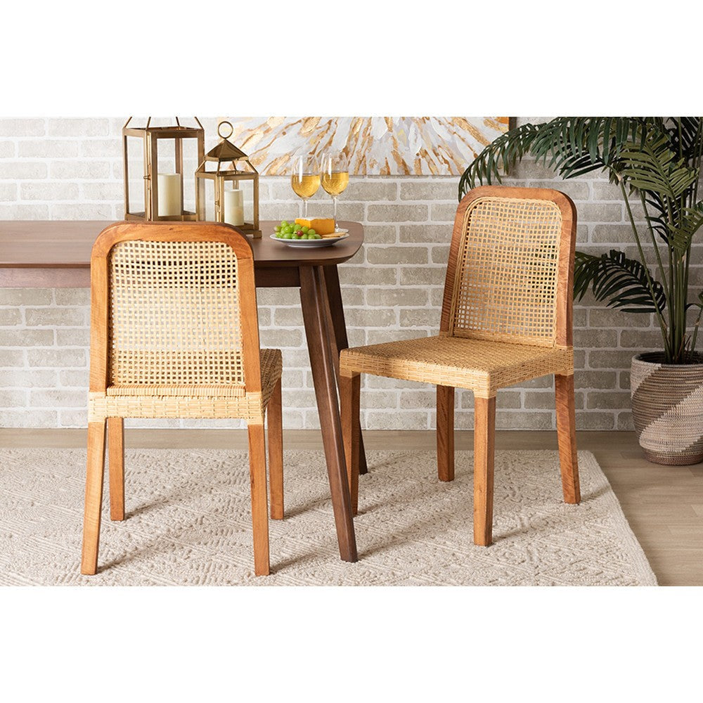 bali & pari Caspia Mid-Century Modern Walnut Brown Mahogany Wood and Natural Rattan 2-Piece Dining Chair Set WHI-Caspia-Teak-DC