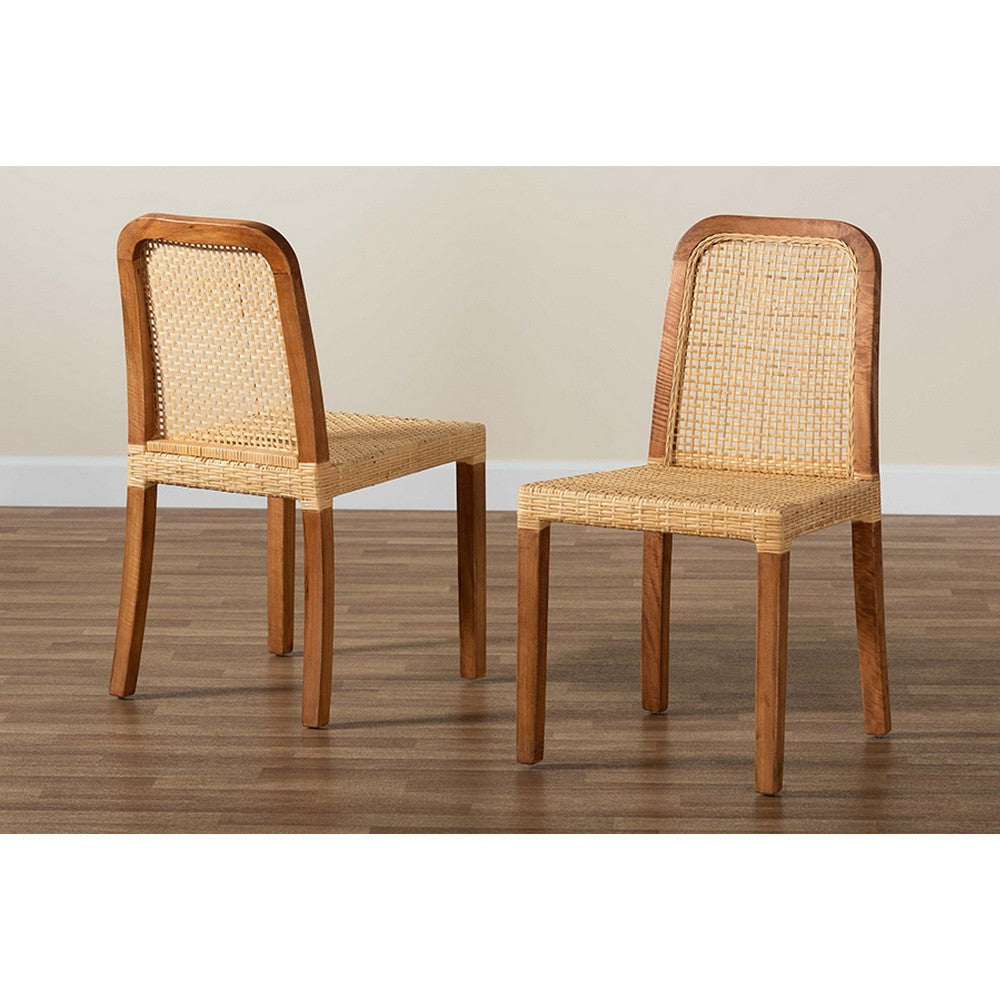 bali & pari Caspia Mid-Century Modern Walnut Brown Mahogany Wood and Natural Rattan 2-Piece Dining Chair Set