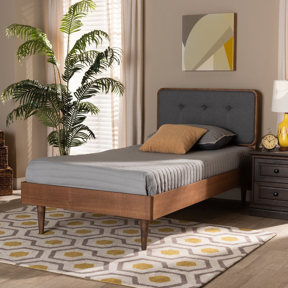 Baxton Studio Cilka Mid-Century Modern Dark Grey Fabric Upholstered and Ash Walnut Finished Wood Twin Size Platform Bed