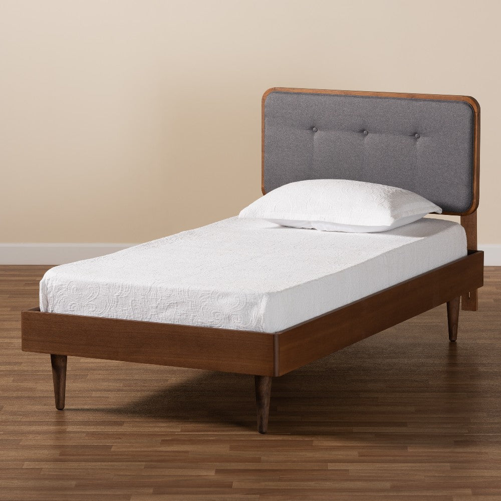 Baxton Studio Cilka Mid-Century Modern Dark Grey Fabric Upholstered and Ash Walnut Finished Wood Twin Size Platform Bed