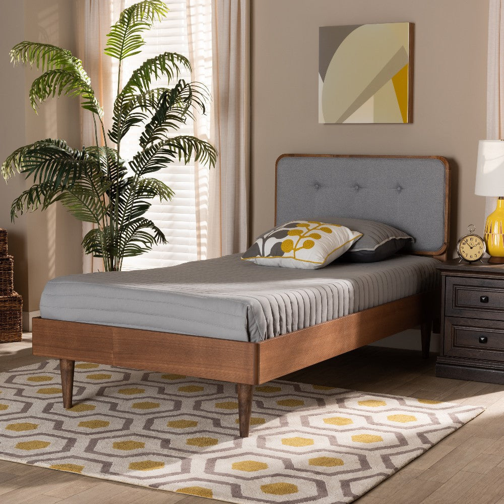 Baxton Studio Cilka Mid-Century Modern Light Grey Fabric Upholstered and Ash Walnut Finished Wood Twin Size Platform Bed