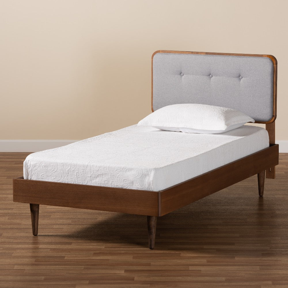 Baxton Studio Cilka Mid-Century Modern Light Grey Fabric Upholstered and Ash Walnut Finished Wood Twin Size Platform Bed