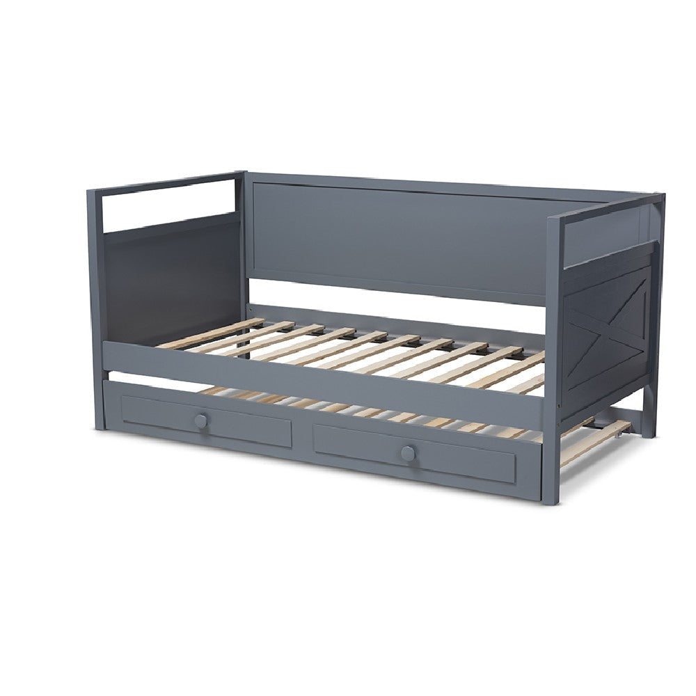 Baxton Studio Cintia Cottage Farmhouse Grey Finished Wood Twin Size Daybed with Trundle WHI-Cintia-Grey-Daybed-T