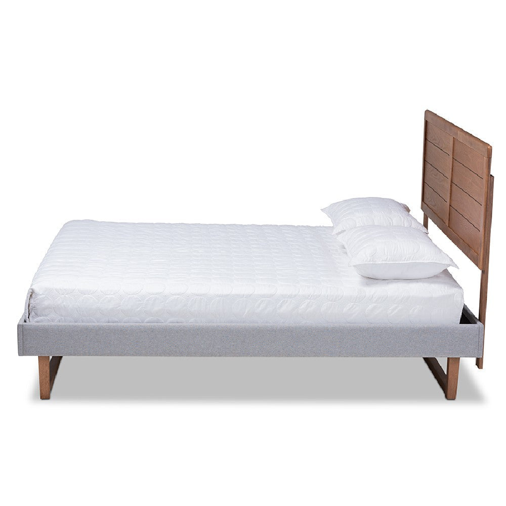 Baxton Studio Claudia Rustic Modern Light Grey Fabric Upholstered and Walnut Brown Finished Wood Full Size Platform Bed