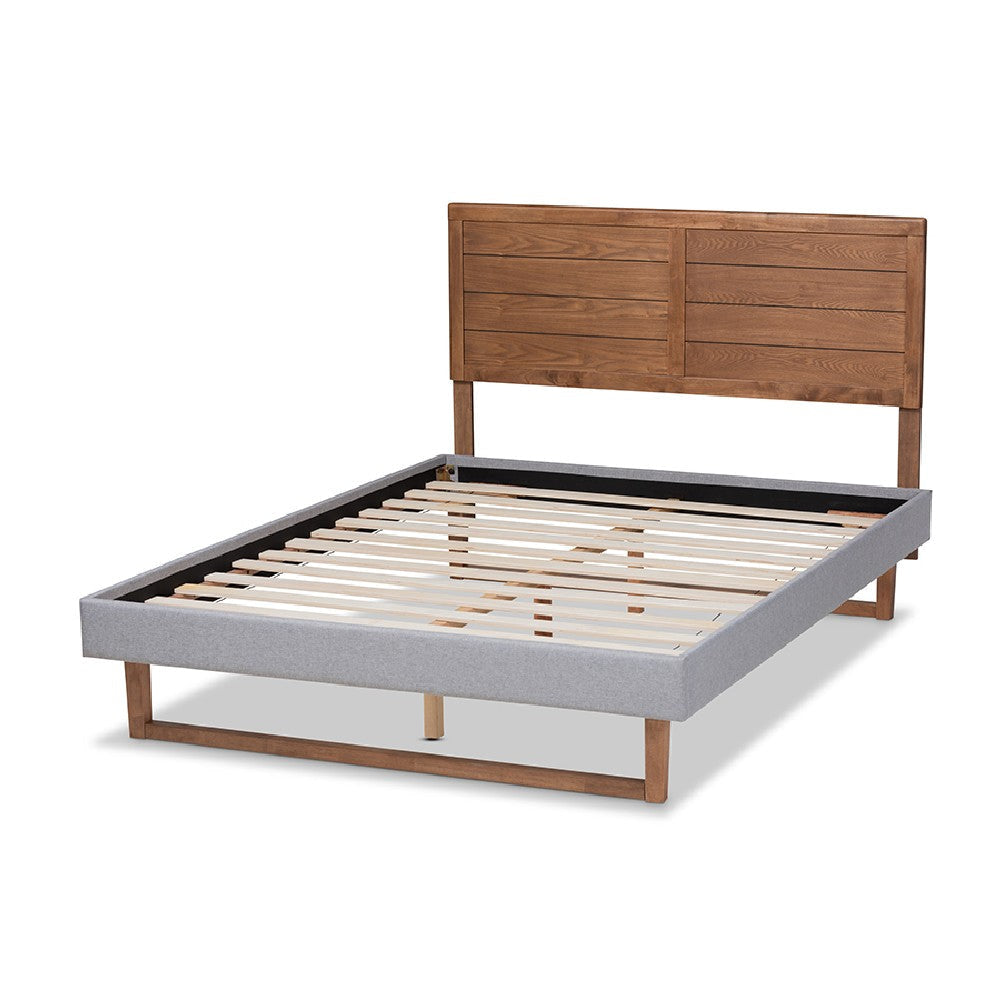 Baxton Studio Claudia Rustic Modern Light Grey Fabric Upholstered and Walnut Brown Finished Wood Full Size Platform Bed