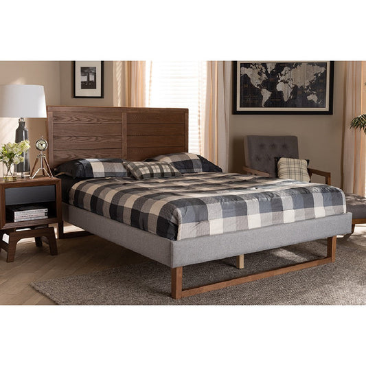 Baxton Studio Claudia Rustic Modern Light Grey Fabric Upholstered and Walnut Brown Finished Wood Full Size Platform Bed
