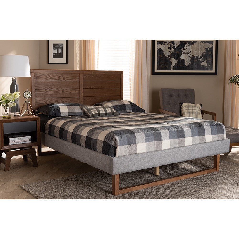 Baxton Studio Claudia Rustic Modern Light Grey Fabric Upholstered and Walnut Brown Finished Wood Full Size Platform Bed