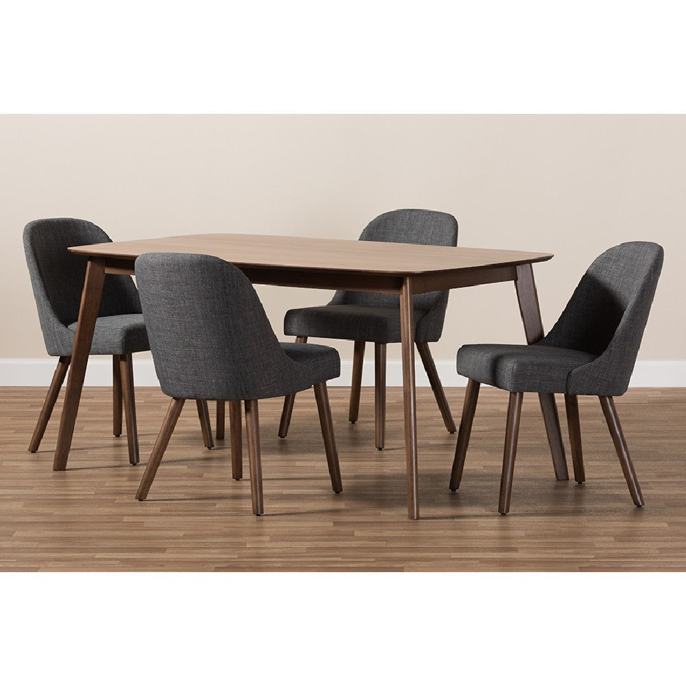 Baxton Studio Cody Mid-Century Modern Dark Grey Fabric Upholstered Walnut Finished Wood 5-Piece Dining Set