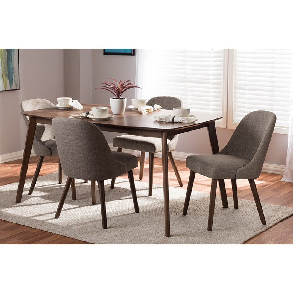 Baxton Studio Cody Mid-Century Modern Light Grey Fabric Upholstered Walnut Finished Wood 5-Piece Dining Set