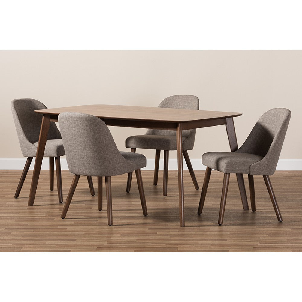 Baxton Studio Cody Mid-Century Modern Light Grey Fabric Upholstered Walnut Finished Wood 5-Piece Dining Set