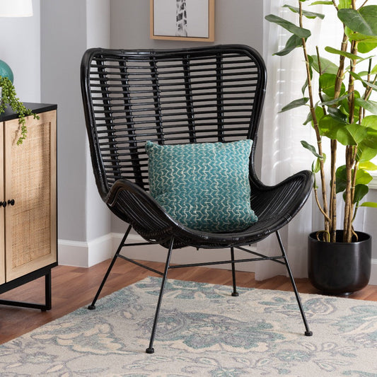 bali & pari Colorado Modern Bohemian Black Rattan and Metal Accent Chair