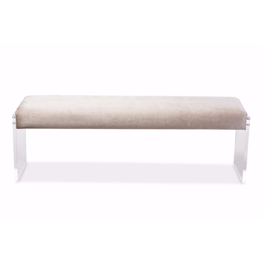 Baxton Studio Hildon Modern and Contemporary Beige Microsuede Fabric Upholstered Lux Bench with Paneled Acrylic Legs WHI-DB-175-beige