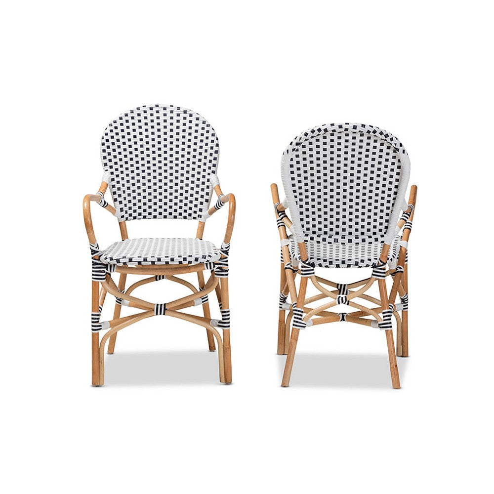bali & pari Naila Classic French Black and White Weaving and Natural Brown Rattan 2-Piece Indoor and Outdoor Bistro Chair Set