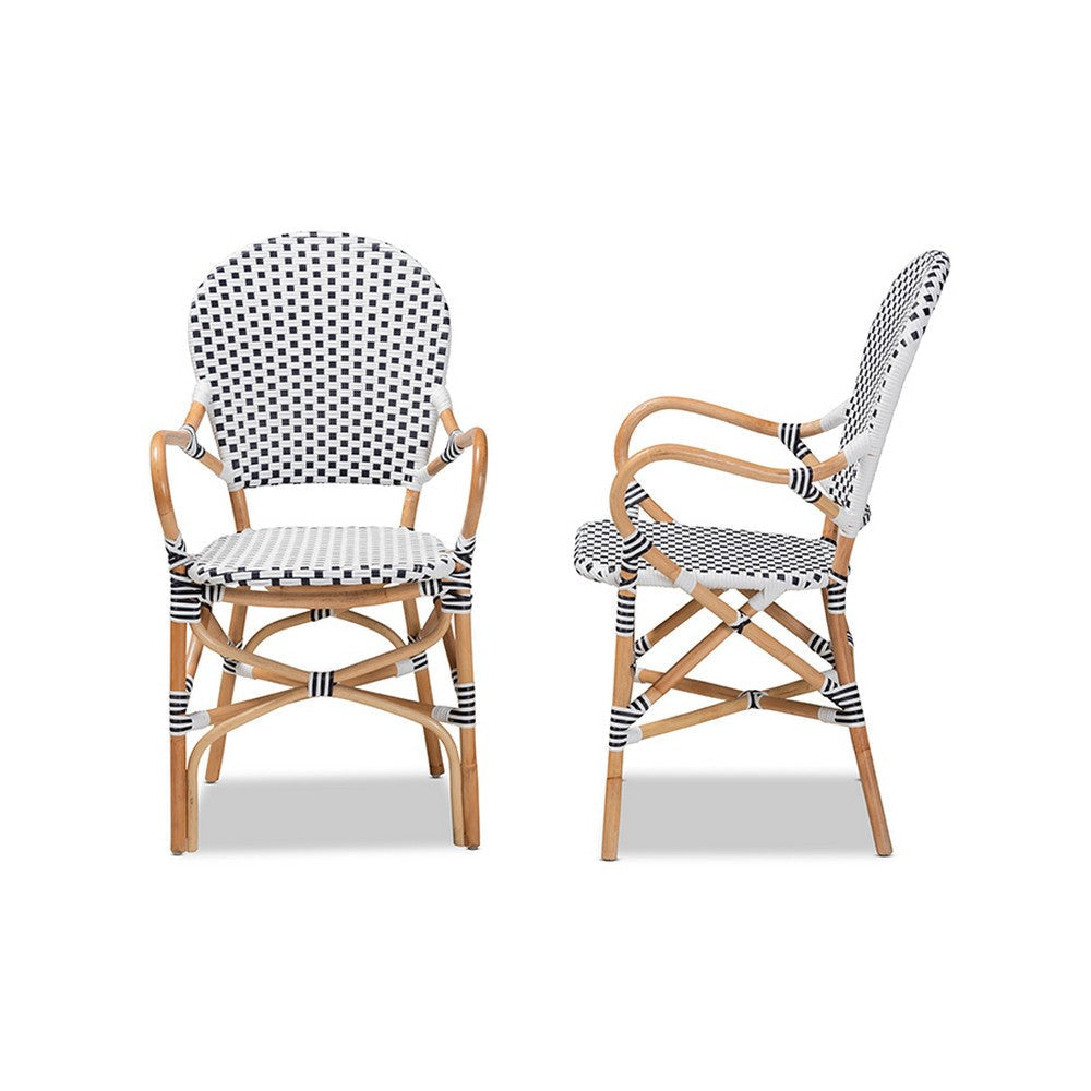 bali & pari Naila Classic French Black and White Weaving and Natural Brown Rattan 2-Piece Indoor and Outdoor Bistro Chair Set