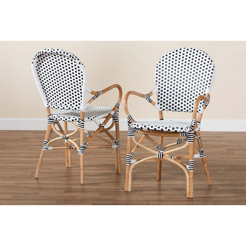 bali & pari Naila Classic French Black and White Weaving and Natural Brown Rattan 2-Piece Indoor and Outdoor Bistro Chair Set