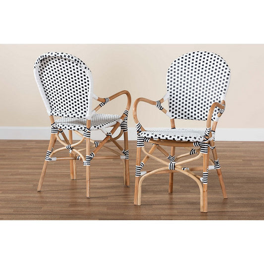 bali & pari Naila Classic French Black and White Weaving and Natural Brown Rattan 2-Piece Indoor and Outdoor Bistro Chair Set