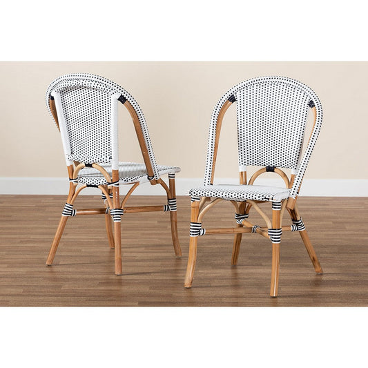 bali & pari Genica Classic French Black and White Weaving and Natural Brown Rattan Indoor and Outdoor Bistro Chair