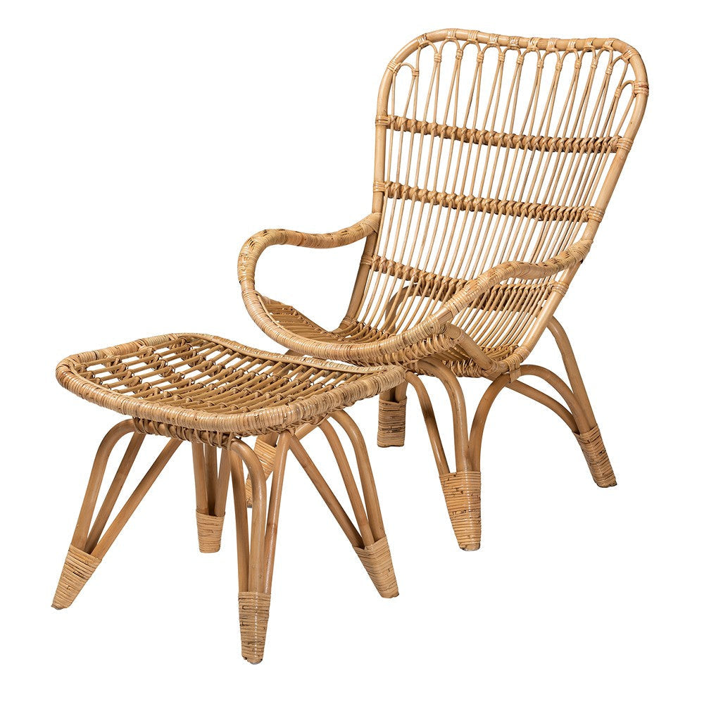 Baxton Studio Earvin Modern Bohemian Natural Brown Rattan 2-Piece Armchair and Footstool Set WHI-DC8005-Rattan-2PC-Set