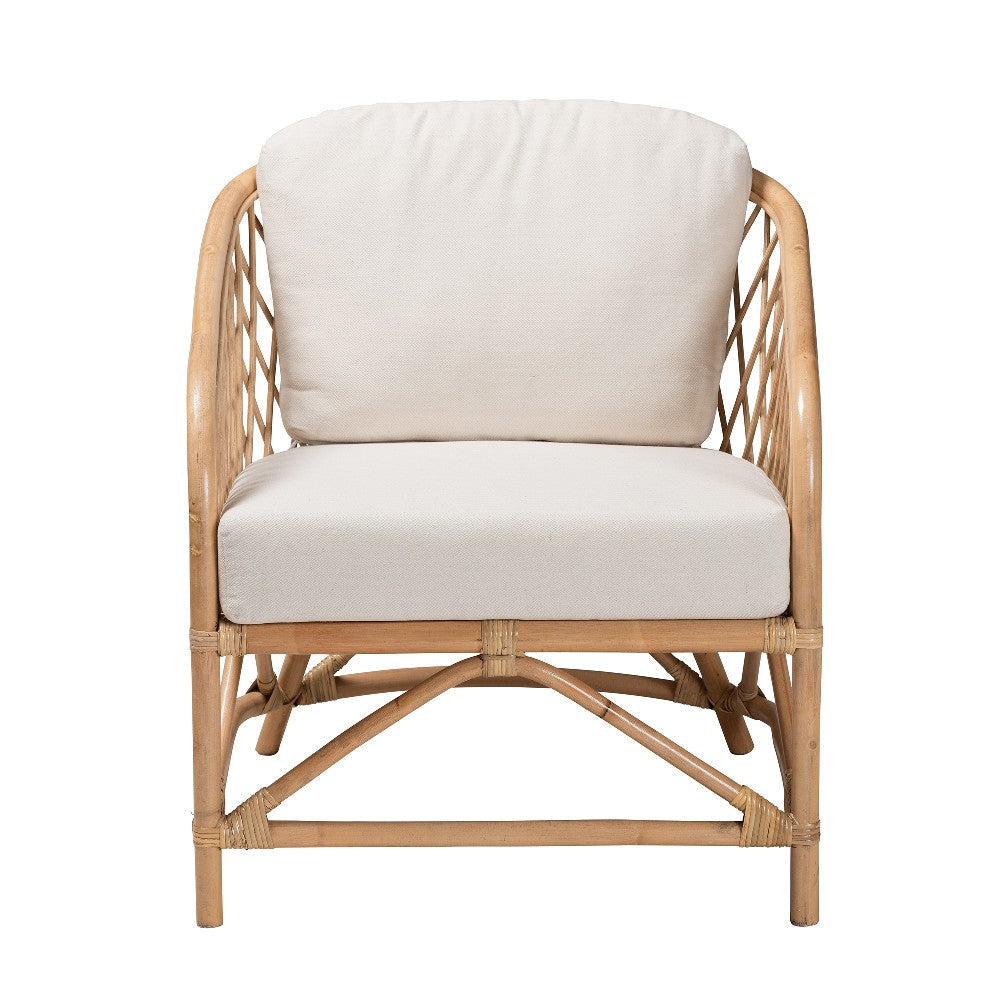 bali & pari Patsy Modern Bohemian White Fabric and Natural Brown Rattan Armchair WHI-DC8038-Rattan-CC