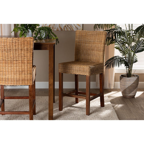 bali & pari Racquel Modern Bohemian Natural Rattan and Mahogany Wood Counter Stool