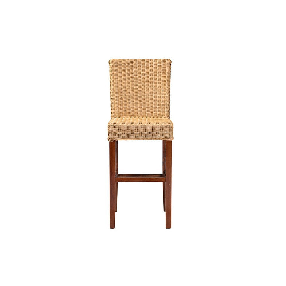 bali & pari Racquel Modern Bohemian Natural Rattan and Mahogany Wood Bar Stool WHI-DC9003-Rattan-BS