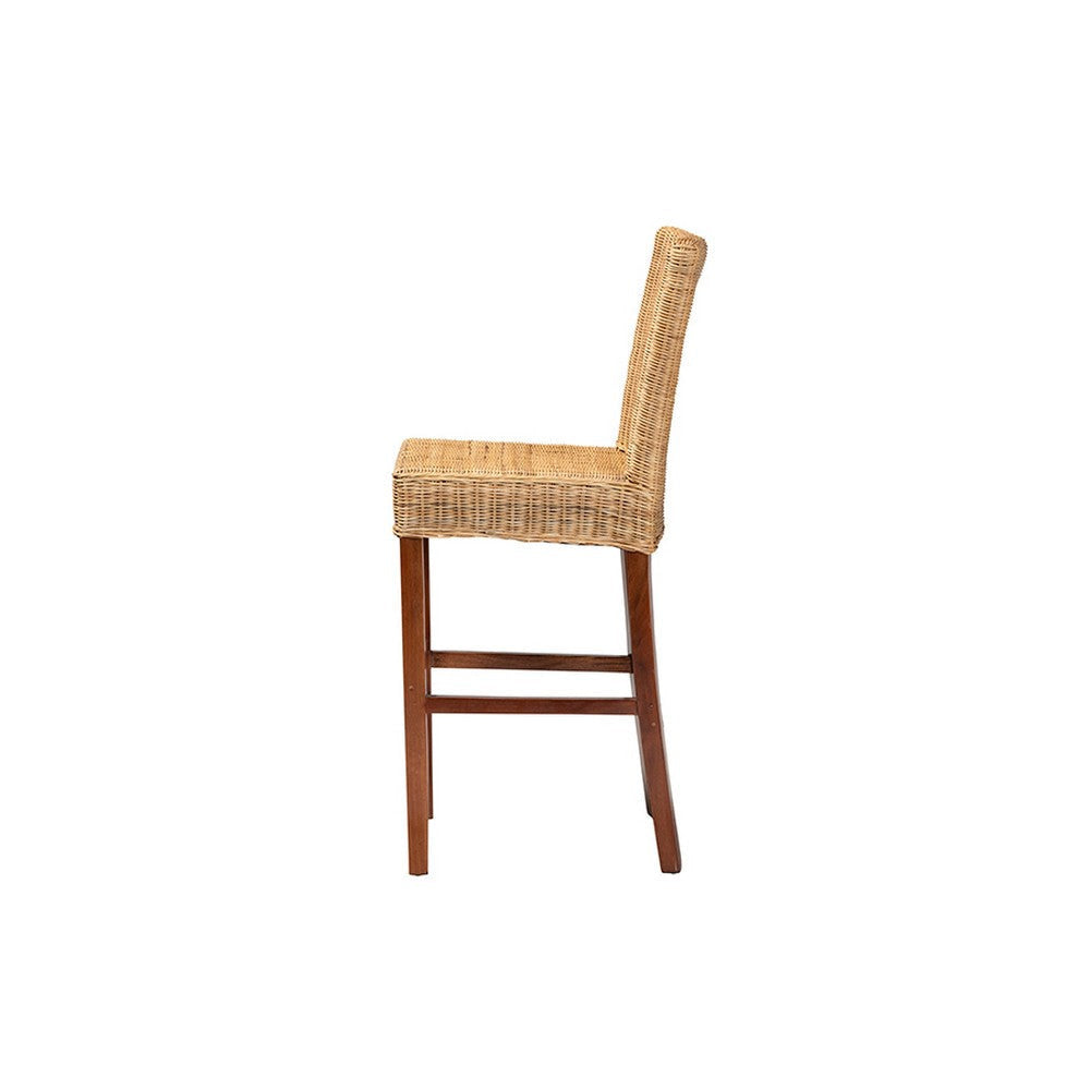 bali & pari Racquel Modern Bohemian Natural Rattan and Mahogany Wood Bar Stool WHI-DC9003-Rattan-BS