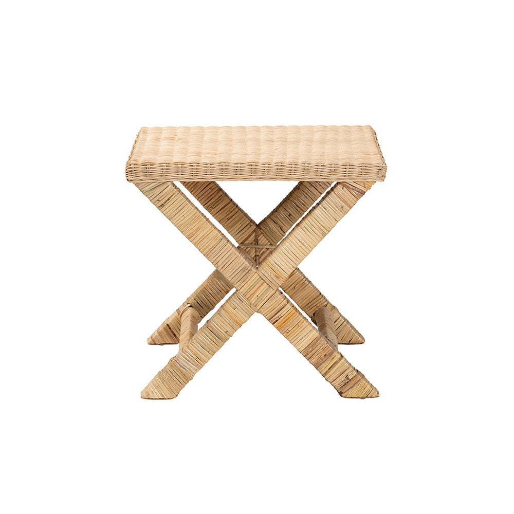 bali & pari Farica Modern Bohemian Natural Rattan And Mahogany Accent Bench WHI-DC9050-Rattan-Bench