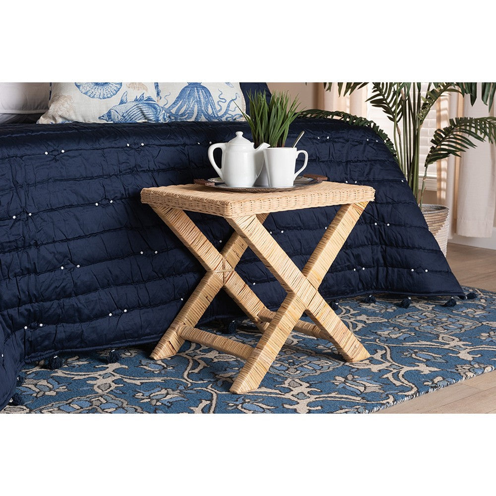 bali & pari Farica Modern Bohemian Natural Rattan And Mahogany Accent Bench WHI-DC9050-Rattan-Bench