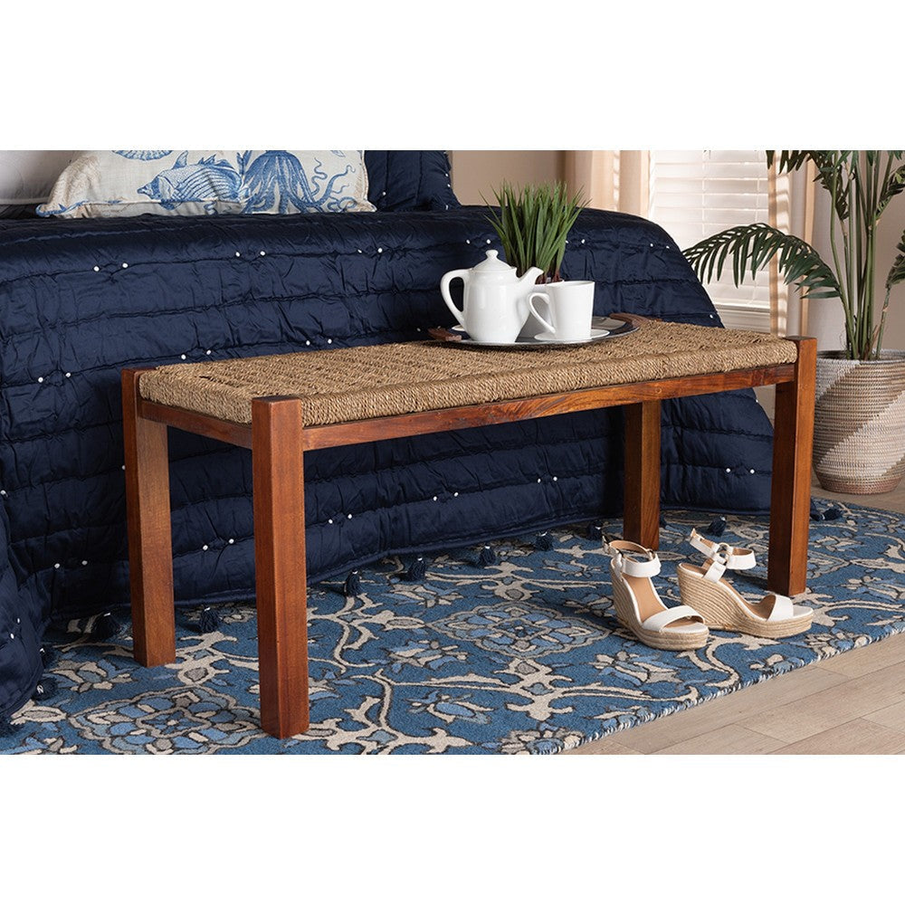 bali & pari Hermes Mid-Century Modern Transitional Natural Seagrass and Mahogany Wood Bench WHI-DC9052-Wood-Bench