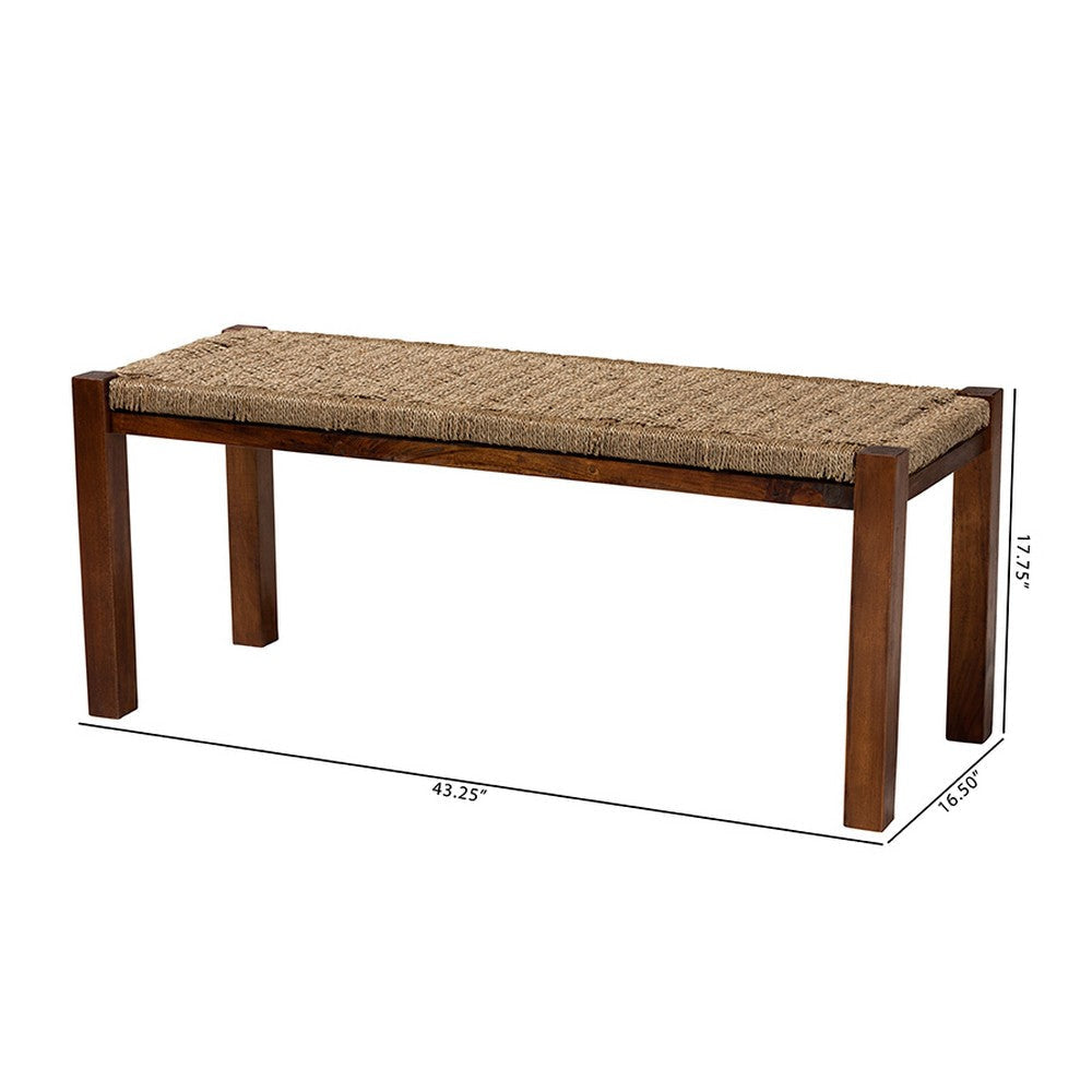 bali & pari Hermes Mid-Century Modern Transitional Natural Seagrass and Mahogany Wood Bench