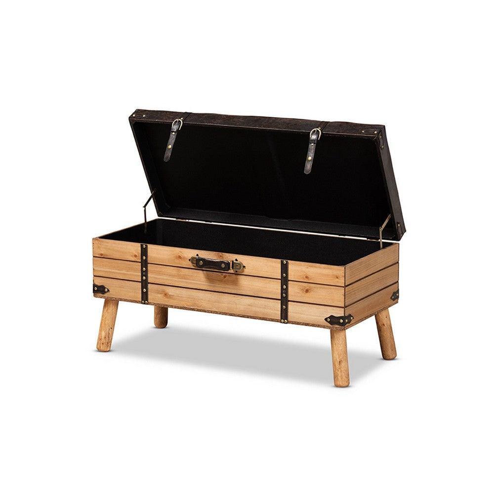 Baxton Studio Amena Rustic Transitional Dark Brown PU Leather Upholstered and Oak Finished Wood Large Storage Ottoman
