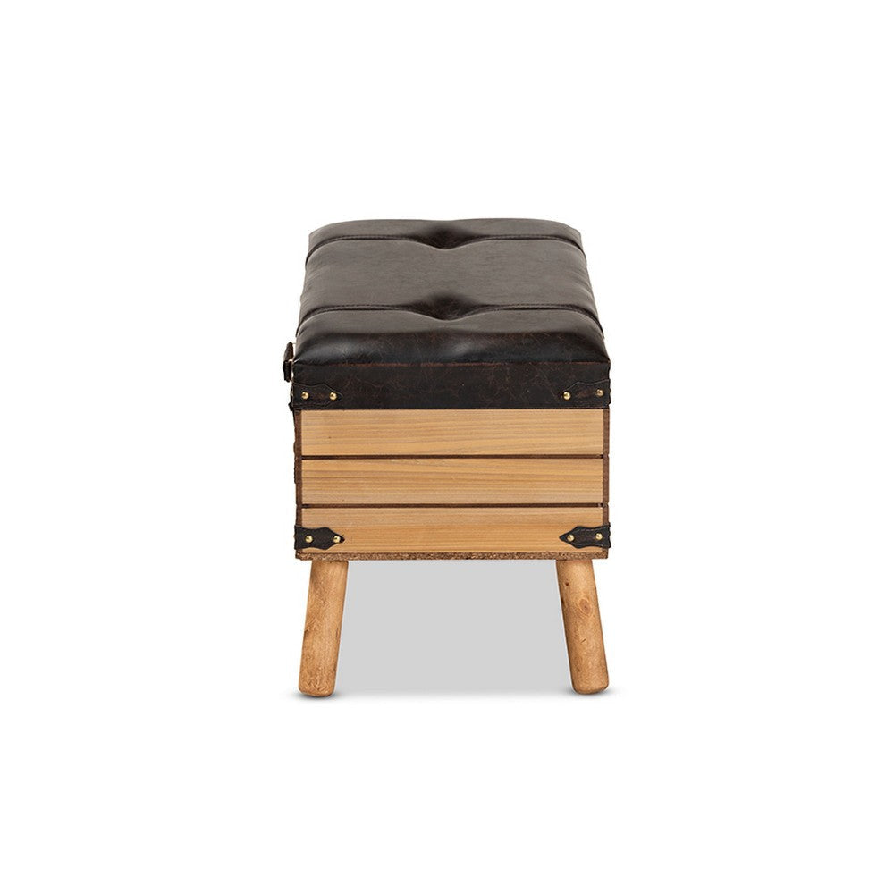 Baxton Studio Amena Rustic Transitional Dark Brown PU Leather Upholstered and Oak Finished Wood Large Storage Ottoman