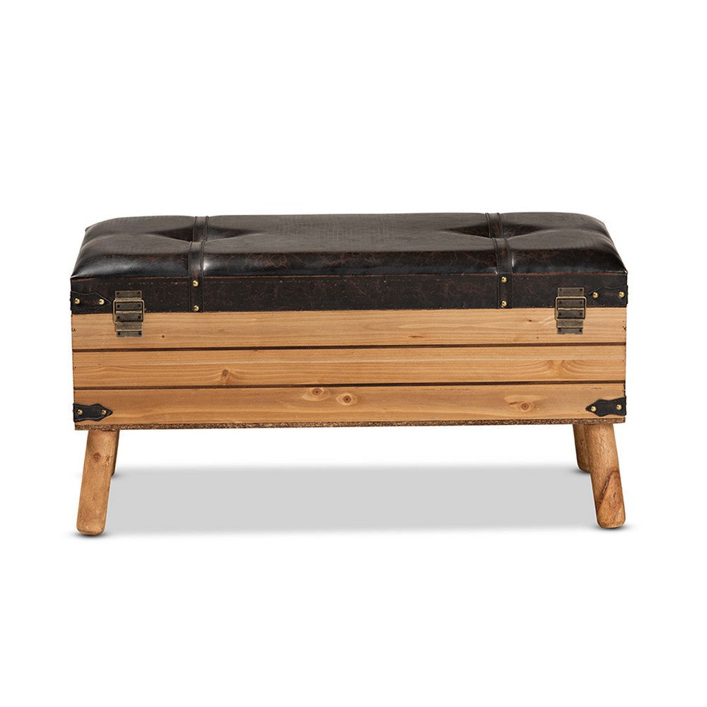 Baxton Studio Amena Rustic Transitional Dark Brown PU Leather Upholstered and Oak Finished Wood Large Storage Ottoman