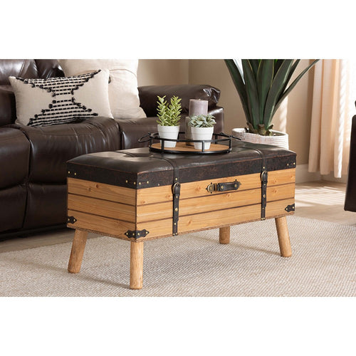 Baxton Studio Amena Rustic Transitional Dark Brown PU Leather Upholstered and Oak Finished Wood Large Storage Ottoman