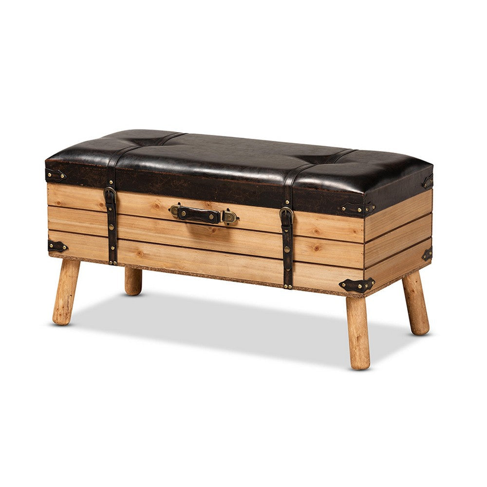 Baxton Studio Amena Rustic Transitional Dark Brown PU Leather Upholstered and Oak Finished Wood Large Storage Ottoman