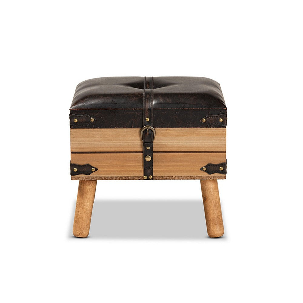 Baxton Studio Amena Rustic Transitional Dark Brown PU Leather Upholstered and Oak Finished Wood Small Storage Ottoman