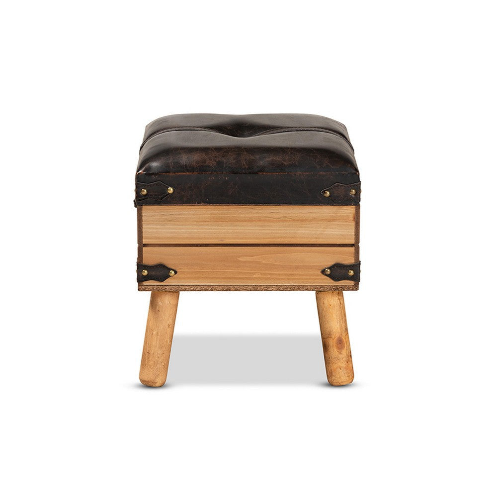 Baxton Studio Amena Rustic Transitional Dark Brown PU Leather Upholstered and Oak Finished Wood Small Storage Ottoman