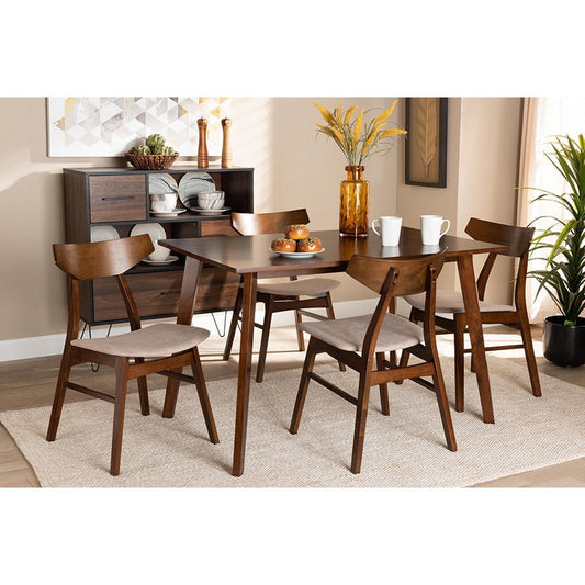 Baxton Studio Lois Mid-Century Modern Transitional Light Beige Fabric Upholstered and Walnut Brown Finished Wood 5-Piece Dining Set