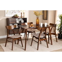 Baxton Studio Lois Mid-Century Modern Transitional Light Beige Fabric Upholstered and Walnut Brown Finished Wood 5-Piece Dining Set