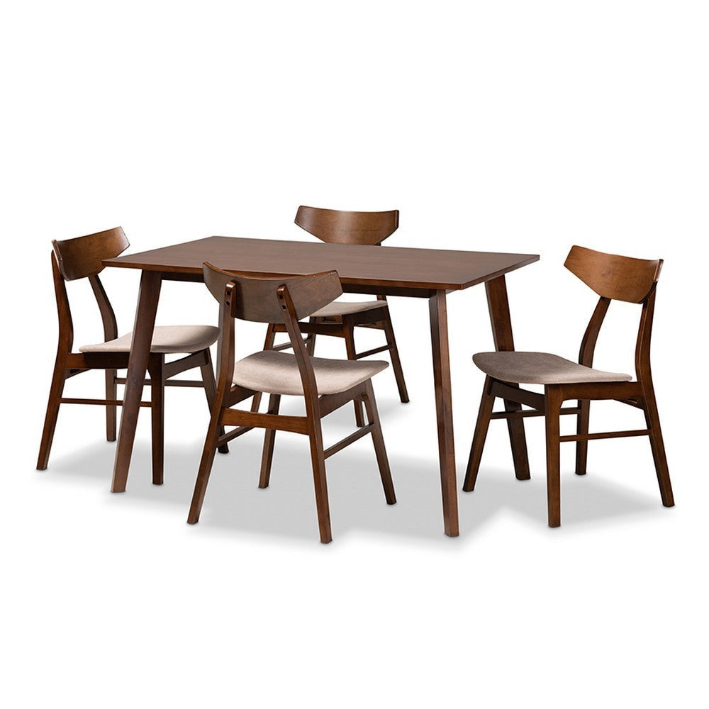 Baxton Studio Lois Mid-Century Modern Transitional Light Beige Fabric Upholstered and Walnut Brown Finished Wood 5-Piece Dining Set