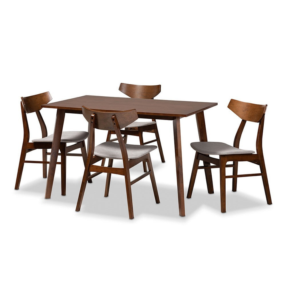 Baxton Studio Lois Mid-Century Modern Transitional Light Grey Fabric Upholstered and Walnut Brown Finished Wood 5-Piece Dining Set
