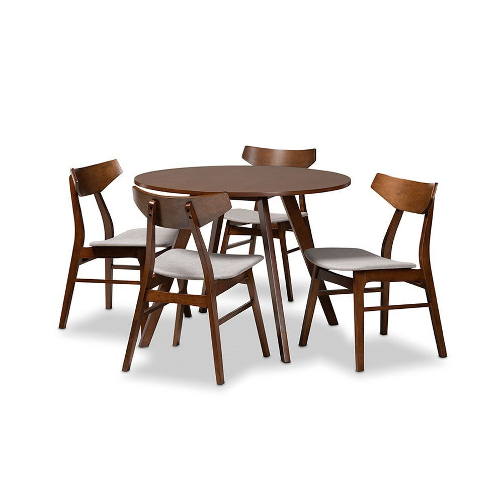 Baxton Studio Timothy Mid-Century Modern Transitional Light Grey Fabric Upholstered and Walnut Brown Finished Wood 5-Piece Dining Set
