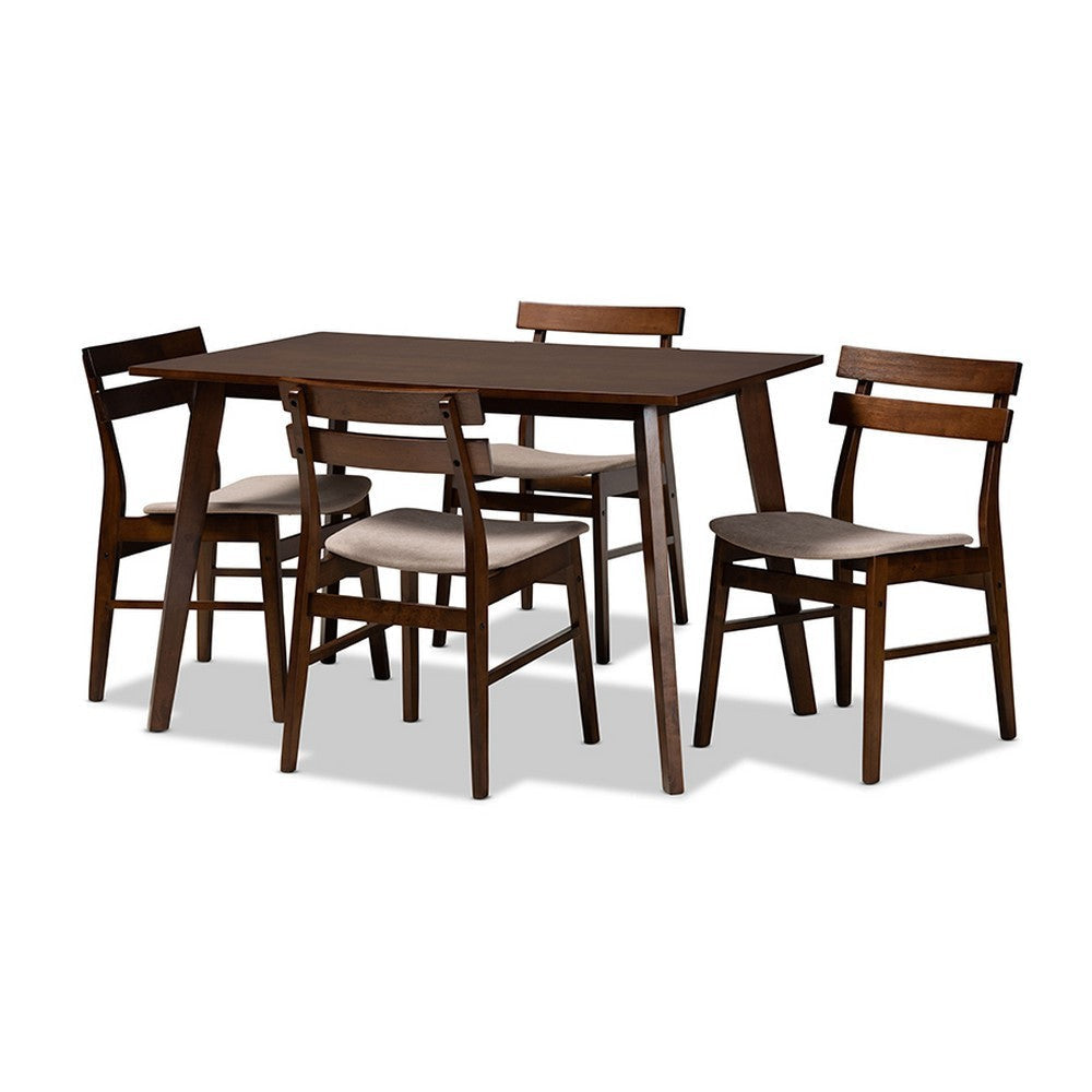 Baxton Studio Eleri Mid-Century Modern Transitional Light Beige Fabric Upholstered and Walnut Brown Finished Wood 5-Piece Dining Set