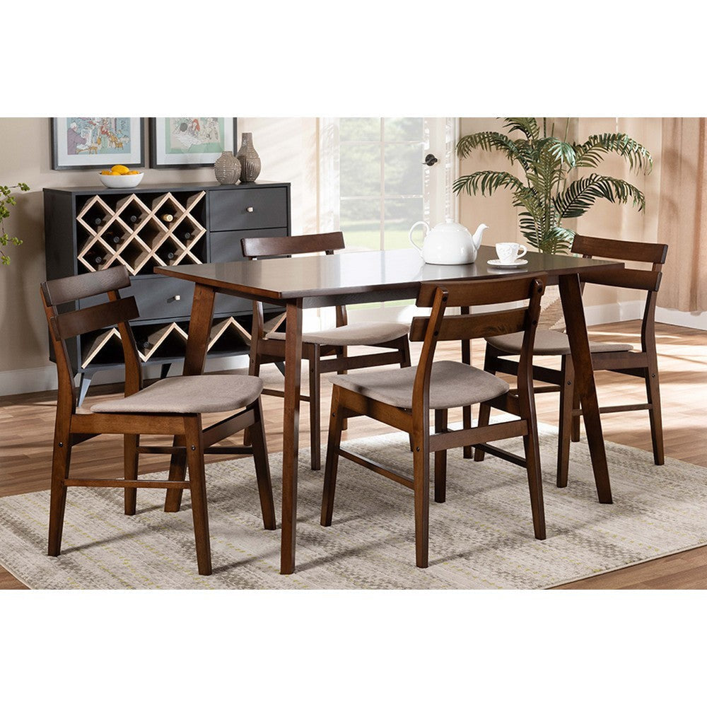 Baxton Studio Eleri Mid-Century Modern Transitional Light Beige Fabric Upholstered and Walnut Brown Finished Wood 5-Piece Dining Set